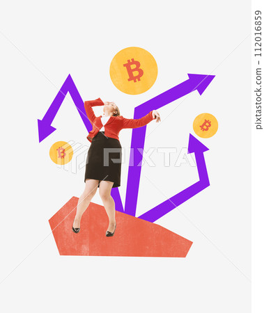 Contemporary art collage. Businesswoman in red jacket loses consciousness for Bitcoin, amidst fluctuating market arrows. 112016859