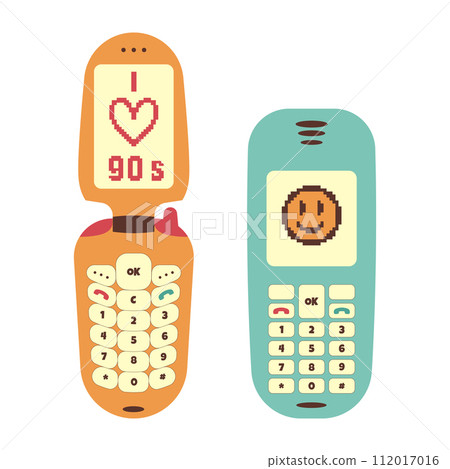 A set of old push-button mobile phones from the 90s. Vector in retro style. 112017016