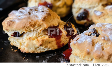 AI-generated content. English cream tea, scones close up with raisins or sultanas, with jam leaking out, british cornish pastries 112017089