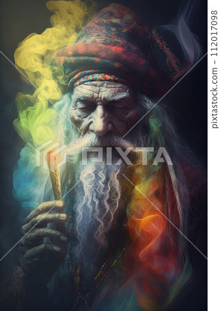 Rastafarian man smoking weed. Marijuana, cannabis, ganja poster design. Ai generative 112017098
