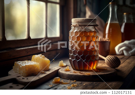 Jar of Honey in the rustic kitchen. Ai generative 112017131