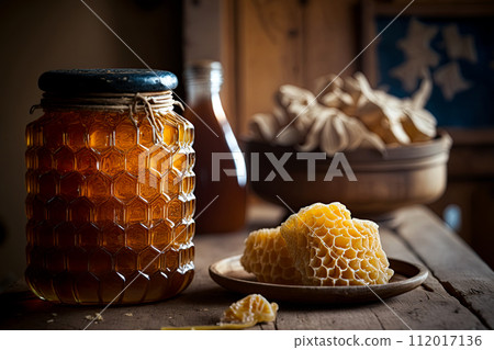 Jar of Honey in the rustic kitchen. Ai generative 112017136
