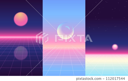 Trendy Retro 80s, 90s backgrounds set with laser grid, space, sum and moon. Neon sci-fi abstract backdrop templates collection. Vector illustration 112017544