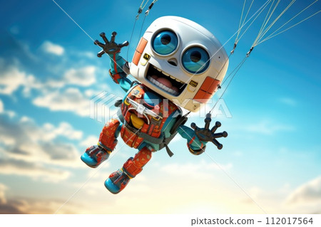 AI-generated content. happy robot fly with paradlider in sky illustration 112017564