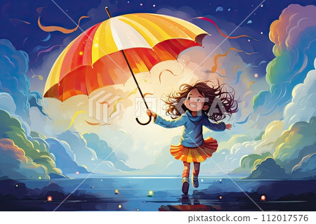 AI-generated content. little girl fly with colorful umbrella illustration 112017576