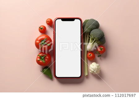 Fresh Groceries at Your Fingertips: Smartphone with Blank Screen. Generative AI. Fresh Groceries at Your Fingertips: Smartphone with Blank Screen. Generative AI. 112017697