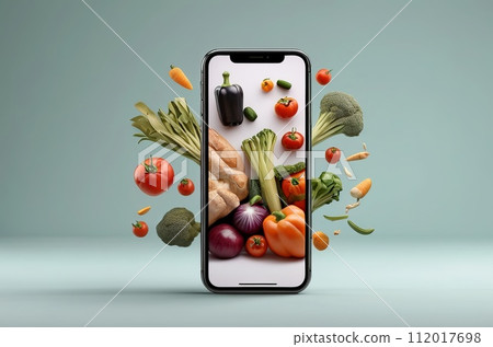 Effortless Online Grocery Shopping: Smartphone with Fresh Groceries. Generative AI. Effortless Online Grocery Shopping: Smartphone with Fresh Groceries. Generative AI. 112017698