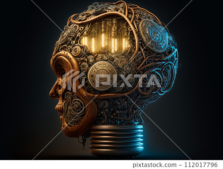 Artificial intelligence. Human head and brain machine mechanism. Steampunk style. AI generative 112017796