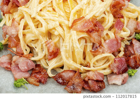 Homemade pasta with fried bacon. 112017815