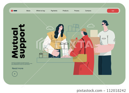 Mutual Support: Bringing groceries to food bank -modern flat vector concept illustration of people donating food to food pantry A metaphor of voluntary, collaborative exchanges of resource, services 112018242