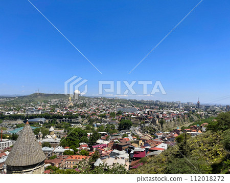 Beautiful landscape panorama of city Tbilisi with hot air balloon on the background of sky 112018272