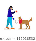A child girl plays with her dog. Childhood with pets. Flat isolated vector illustration 112018532