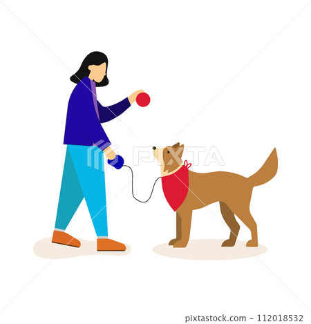 A child girl plays with her dog. Childhood with pets. Flat isolated vector illustration 112018532