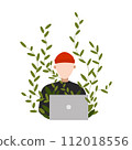 Work at home vector flat style illustration. Online career. Coworking space illustration. Young man freelancers work on. Man working at home using laptop and sitting 112018556