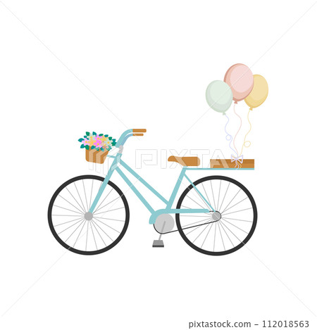 of women's bicycles with a basket of flowers and layers. Flat style. Vector illustration 112018563