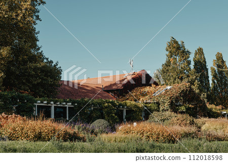 House with nice garden in fall. Flowers in the City Park of Bietigheim-Bissingen, Baden-Wuerttemberg, Germany, Europe. Autumn Park and house, nobody, bush and grenery 112018598