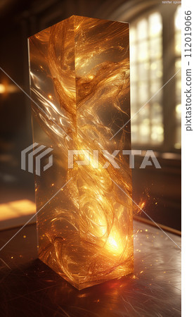 AI-generated content. Vertical Glass Tank with Splash and Fire Abstract Background 112019066