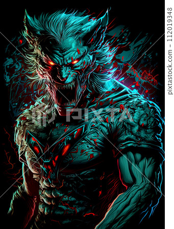 Scary, evil, humanoid werewolf poster, tshirt design. Isolated on black background. Ai generative 112019348
