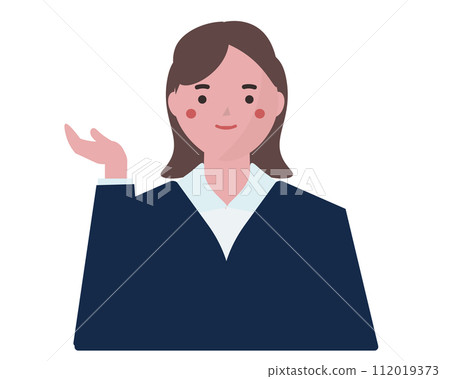 在這裡，一位女商人用手介紹自己。向量圖 112019373