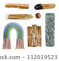 Healing purifying meditation rituals set of palo Santo sticks, macrame rainbow, long matches and white sage bunch 112019523