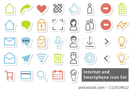 Illustration set of icons related to smartphones and the Internet (sticker style) Illustration set of icons related to smartphones and the Internet (sticker style) 112019622
