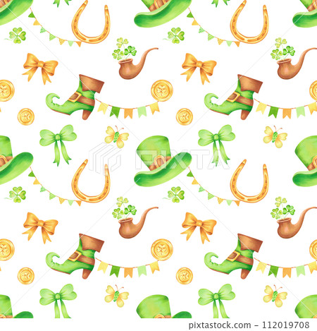 Seamless pattern with top hat, golden horseshoe and coin, clover,boot and pipe for St. Patrick's Day.Watercolor illustration.Hand drawn isolated background.Symbol of good luck, wealth or success Seamless pattern with top hat, golden horseshoe and coin, clover,boot and pipe for St. Patrick's Day.Watercolor illustration.Hand drawn isolated background.Symbol of good luck, wealth or success 112019708