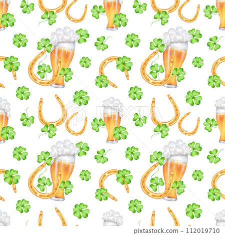 Seamless pattern with a glass of beer with a golden horseshoe and clover petals for St. Patrick's Day.Watercolor illustration.Hand drawn isolated background.Symbol of good luck, wealth or success Seamless pattern with a glass of beer with a golden horseshoe and clover petals for St. Patrick's Day.Watercolor illustration.Hand drawn isolated background.Symbol of good luck, wealth or success 112019710