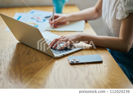 Young woman jotting down notes while operating a computer 112020236