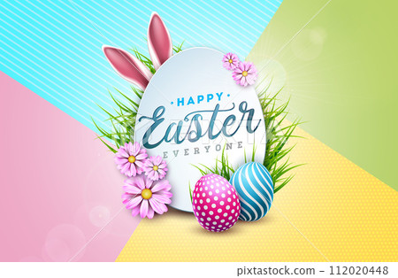 Vector Illustration of Happy Easter Holiday with Flower, Painted Egg and Rabbit Ears on Colorful Background. International Religious Celebration Design with Typography Letter for Greeting Card or Vector Illustration of Happy Easter Holiday with Flower, Painted Egg and Rabbit Ears on Colorful Background. International Religious Celebration Design with Typography Letter for Greeting Card or 112020448