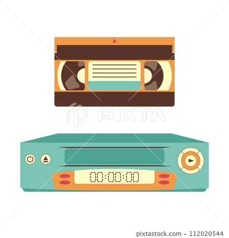 VCR and video cassettes. Technologies of the 90s. Vector illustration in retro style. VCR and video cassettes. Technologies of the 90s. Vector illustration in retro style. 112020544