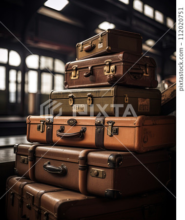 Vintage suitcases and luggage piled up on the platform of an old train station. Ai Generative 112020751