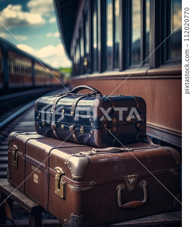 Vintage leather suitcases on the platform of an old train station. Ai Generative Vintage leather suitcases on the platform of an old train station. Ai Generative 112020770