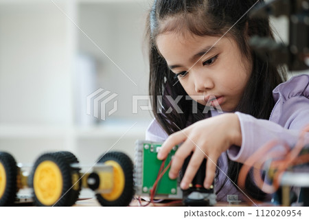 STEM education concept. Asian young girl learning robot design. 112020954
