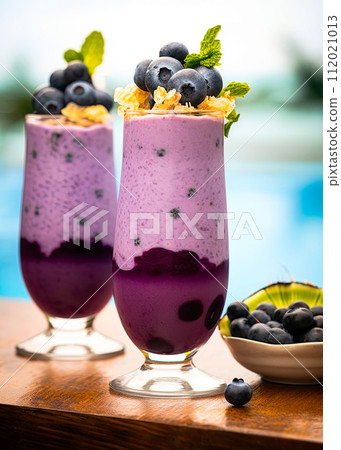 Blueberry smoothie served at the bar at tropical beach. Generative Ai 112021013
