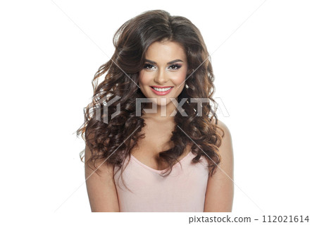 Perfect fashion model woman with fresh skin, long dark wavy hair styling and makeup 112021614