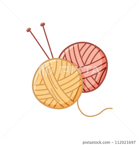 Yarn ball for knitting doodle. A vector icon of a thread with knitting needles for needlework. Yarn ball for knitting doodle. A vector icon of a thread with knitting needles for needlework. 112021697
