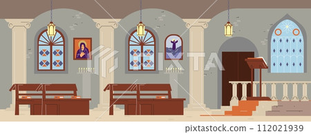 Catholic church or chapel interior with altar wooden benches, arch stained glass windows and candles vector illustration 112021939