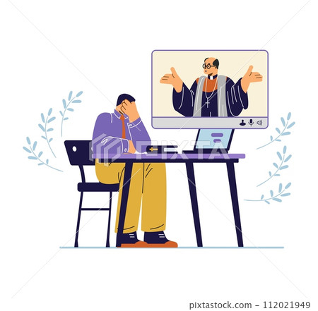 Church pastor communicates with a parishioner online, flat vector isolated. 112021949
