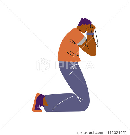 Man kneels and covers face with hands flat style, vector illustration 112021951