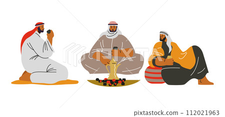 Desert nomadic Bedouins sitting near fire, flat vector illustration isolated. Desert nomadic Bedouins sitting near fire, flat vector illustration isolated. 112021963