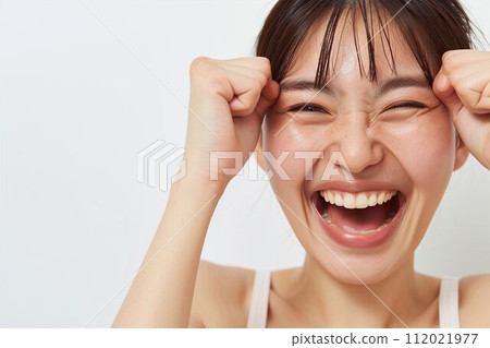 Portrait of a smiling Japanese woman cheering and cheering (white background, Olympics, Japan National Team, World Cup) Portrait of a smiling Japanese woman cheering and cheering (white background, Olympics, Japan National Team, World Cup) 112021977