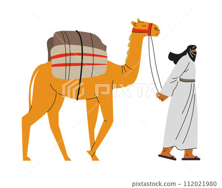 Bedouin is walking with camel with cargo, vector cartoon nomad in traditional Arab clothing isolated, desert transport Bedouin is walking with camel with cargo, vector cartoon nomad in traditional Arab clothing isolated, desert transport 112021980