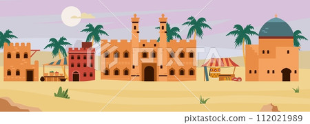 Arabic desert cityscape with traditional mud brick buildings and palm trees, ancient architecture vector illustration 112021989