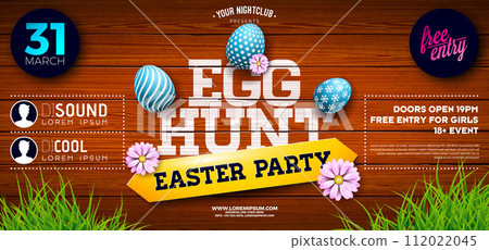 Easter Egg Hunt Party Flyer Illustration with painted eggs and flowers on vintage wood board background. Vector spring holiday celebration poster design template for banner or invitation. Easter Egg Hunt Party Flyer Illustration with painted eggs and flowers on vintage wood board background. Vector spring holiday celebration poster design template for banner or invitation. 112022045