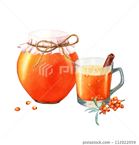 Composition with sea buckthorn, cup of drink and glass jar with fruit or berry jam. Hand drawn watercolor food illustration isolated on white. For clip art cards menu label package 112022059