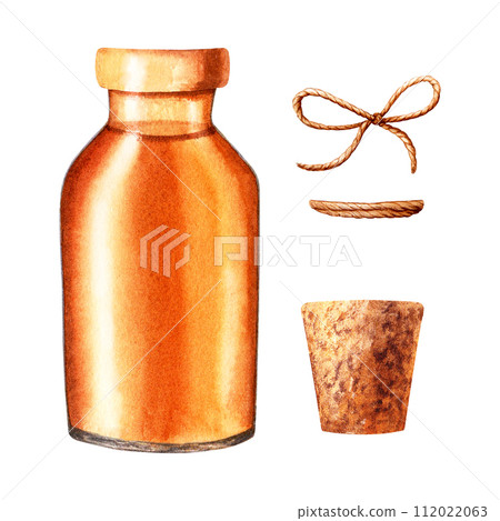 A set of glass oil bottle, jar, cork and decorative rope jute string. Hand drawn watercolor illustration isolated on white. For clip art template label A set of glass oil bottle, jar, cork and decorative rope jute string. Hand drawn watercolor illustration isolated on white. For clip art template label 112022063