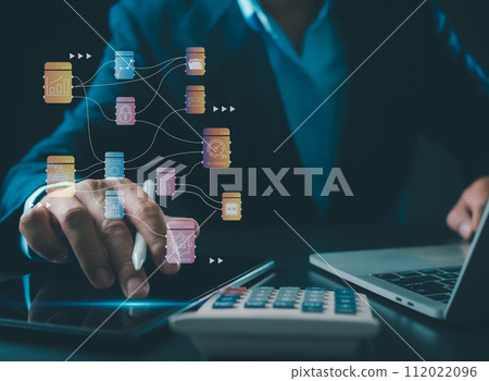 Business people use computers to analyze business and manage corporate data, business analytics with charts, metrics and KPIs to improve organizational performance, marketing, financial organization 112022096