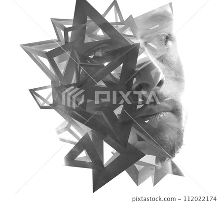 Abstract portrait of a young man combined with 3D shapes in a double exposure Abstract portrait of a young man combined with 3D shapes in a double exposure 112022174