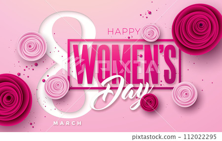 8 March. Happy Women's Day Floral Illustration. International Womens Day Vector Design with Rose Flower and Typography Letter on Light Pink Background. Woman or Mother Day Theme Template for Flyer 112022295