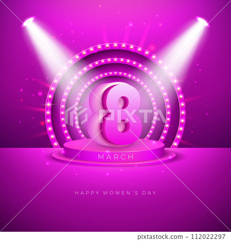 8 March Happy Women's Day Illustration. International Womens Day Vector Design with Podium and Light Bulbs on Pink Background. Woman Day Theme Template for Flyer, Greeting Card, Web Banner, Holiday 112022297